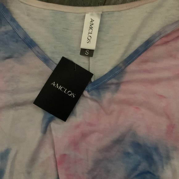 NWT AMCLOS PINK/BLUE TIE DYE V-NECK FRONT KNOT TWIST SHIRT SMALL - Picture 4 of 5